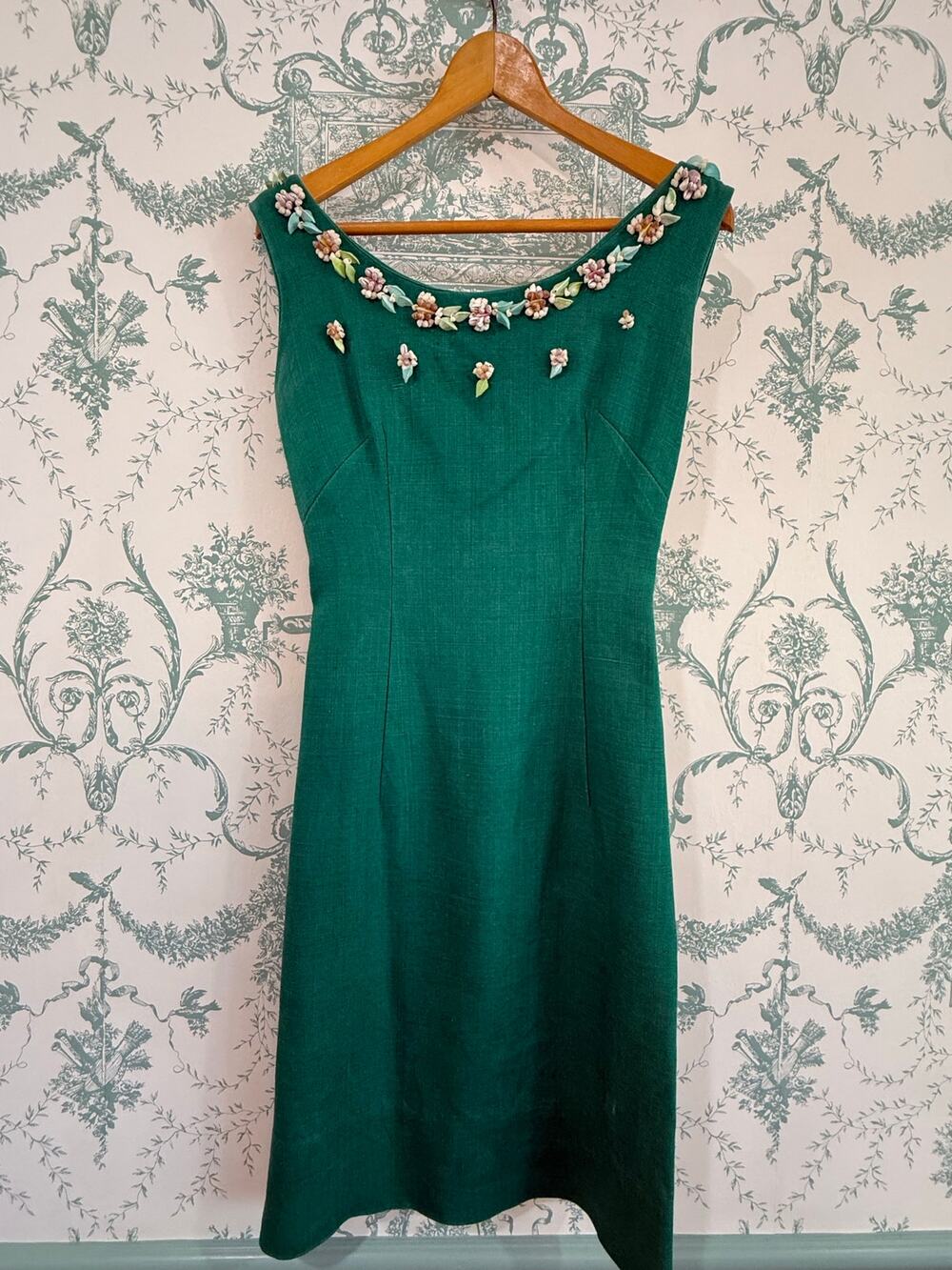 Vintage 1960s Marie Ah You Couture Tahiti Green Sheath Dress - Shell Trim⁠